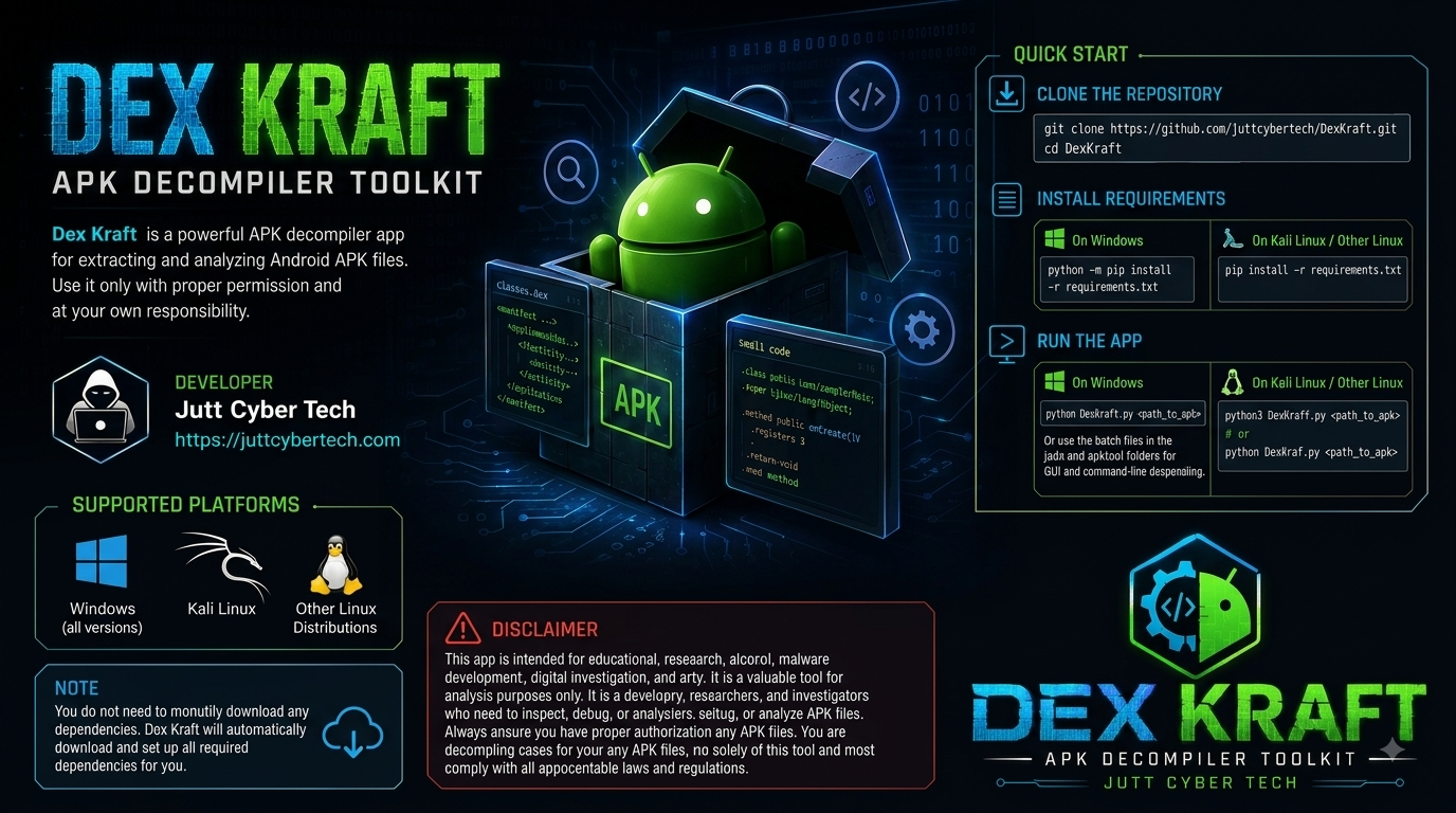 Screenshot of the Dex Kraft APK decompiler toolkit interface